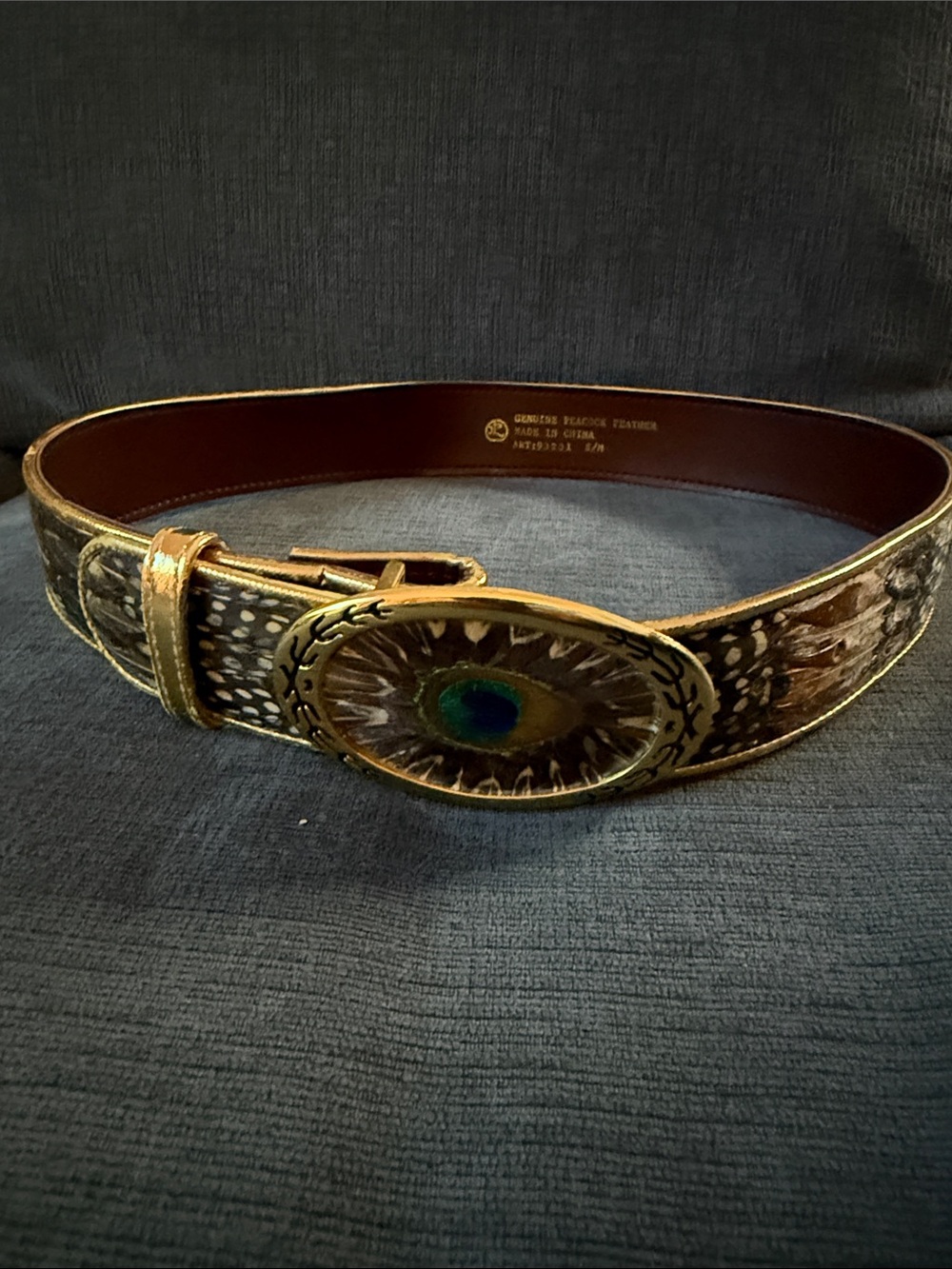 Genuine Peacock Feather Leather Belt with Decorative Buckle - Brown